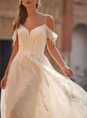 Off-The-Shoulder Sleeveless Tulle Beach Wedding Dress With Appliques Lace