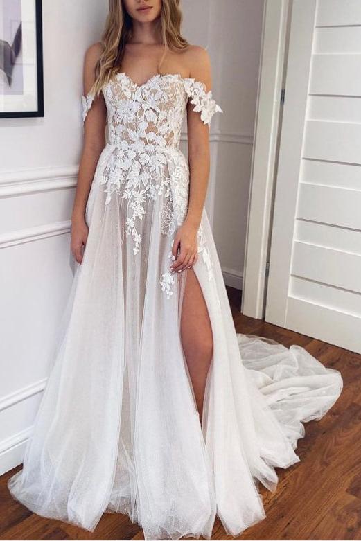Off-The-Shoulder Slit Boho Lace Wedding Dresses