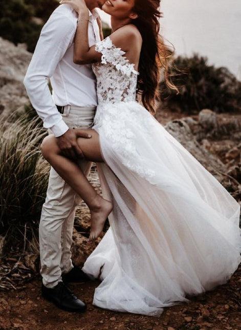 Off-The-Shoulder Slit Boho Lace Wedding Dresses