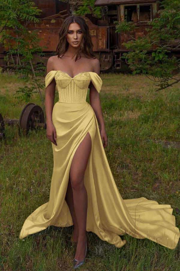 Off The Shoulder Sweetheart Long Prom Dress Split With Beadings