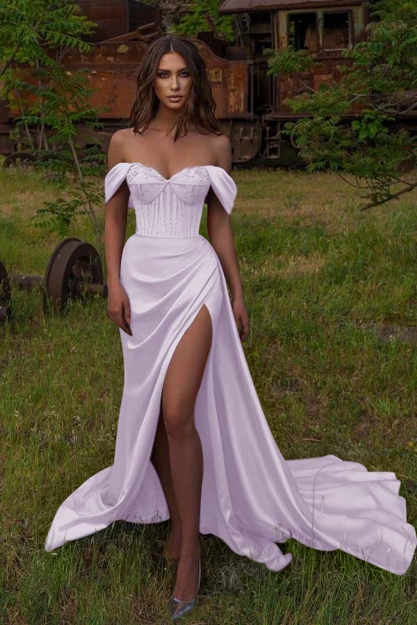 Off The Shoulder Sweetheart Long Prom Dress Split With Beadings