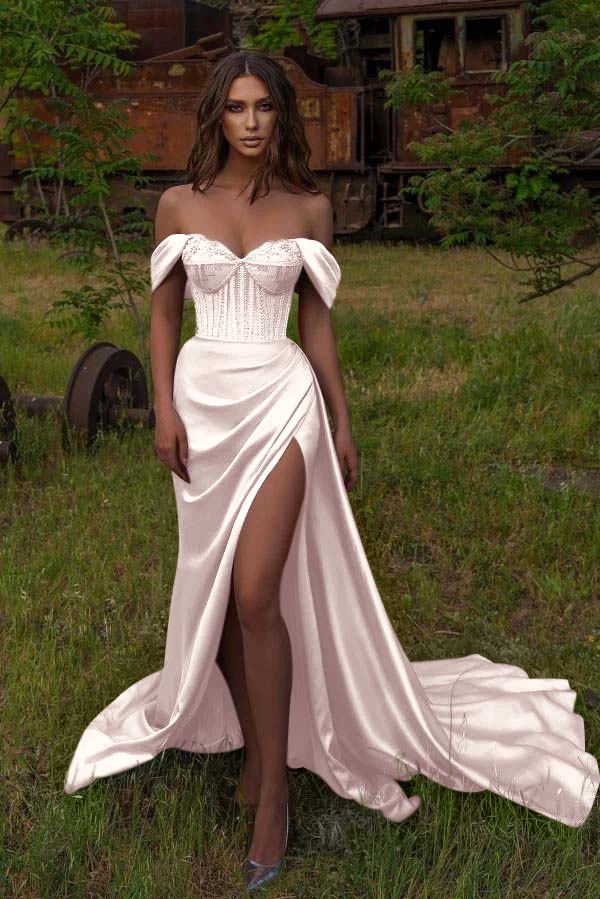 Off The Shoulder Sweetheart Long Prom Dress Split With Beadings