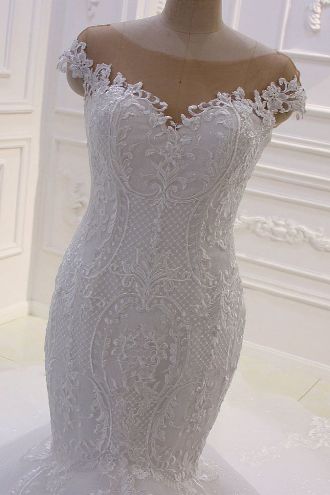 Off The Shoulder Sweetheart White Lace Appliques Tulle Mermaid Wedding Dress