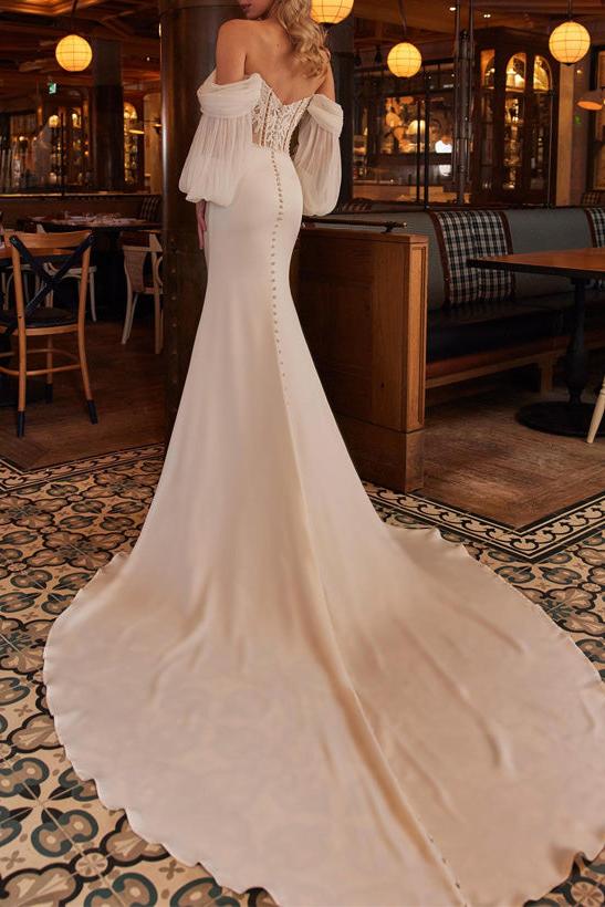 Off-The-Shoulder Trumpet/Mermaid Lace/Silk Like Satin Beach Wedding Dresses