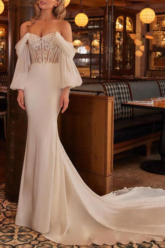 Off-The-Shoulder Trumpet/Mermaid Lace/Silk Like Satin Beach Wedding Dresses