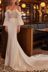 Off-The-Shoulder Trumpet/Mermaid Lace/Silk Like Satin Beach Wedding Dresses