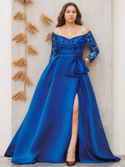 Off-the-Shoulder A-Line Floor-Length Mother of the Bride Dress with 3/4 Sleeves and Side Split