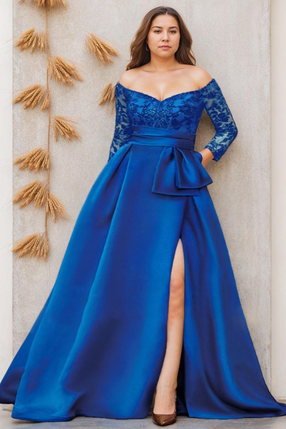 Off-the-Shoulder A-Line Princess Floor-Length Plus Size Mother of the Bride Dress with 3/4 Sleeves and Side Split