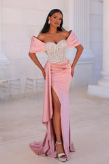 Off the Shoulder Beaded Prom Dresses Mermaid Evening Formal Dresses with Panel Train