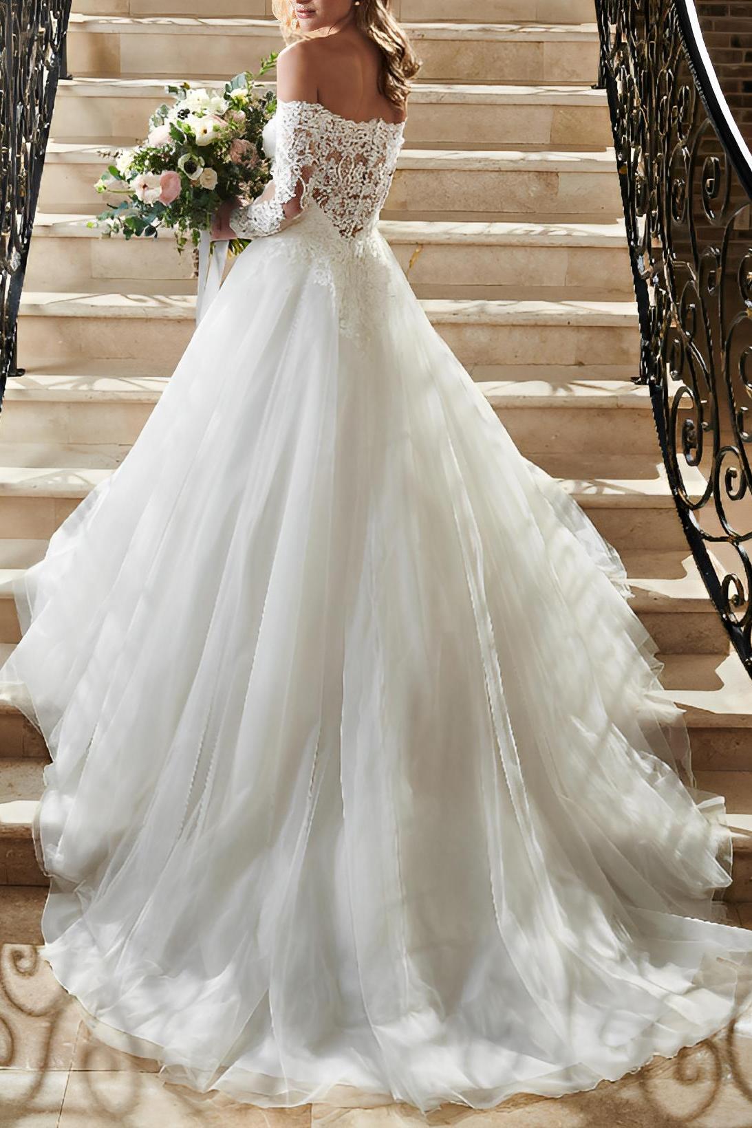 Off-the-Shoulder Lace Wedding Dresses With Tulle and Long Sleeves