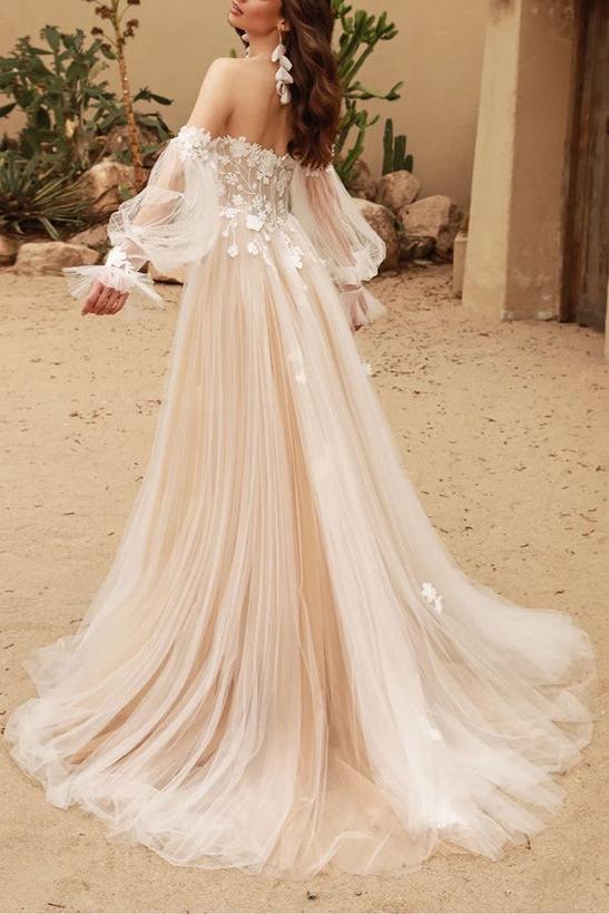 Off-the-Shoulder Lace/Tulle Wedding Dresses With Detachable Sleeve