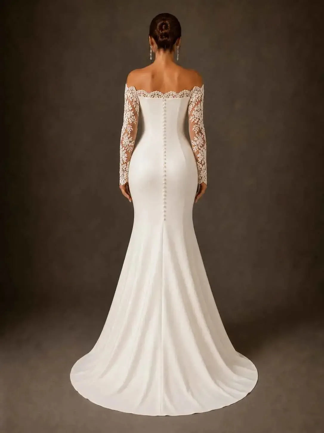 Off the Shoulder Mermaid Wedding Gown with Long Sleeves Satin Lace and High Slit