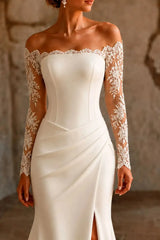 Off the Shoulder Mermaid Wedding Gown with Long Sleeves Satin Lace and High Slit