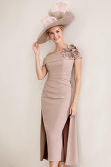 Off-the-Shoulder Pleated Tea-Length Mother of the Bride Dresses with 3D Flower in Sheath/Column Style