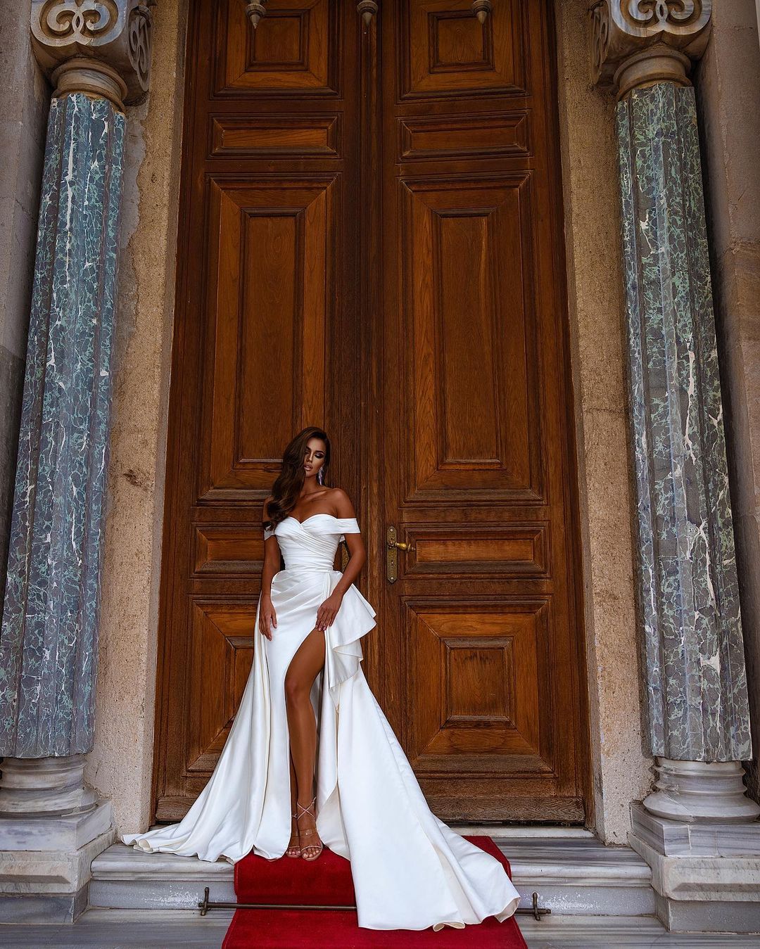 Off the Shoulder Satin Long Mermaid Beach Wedding Dress with Slit