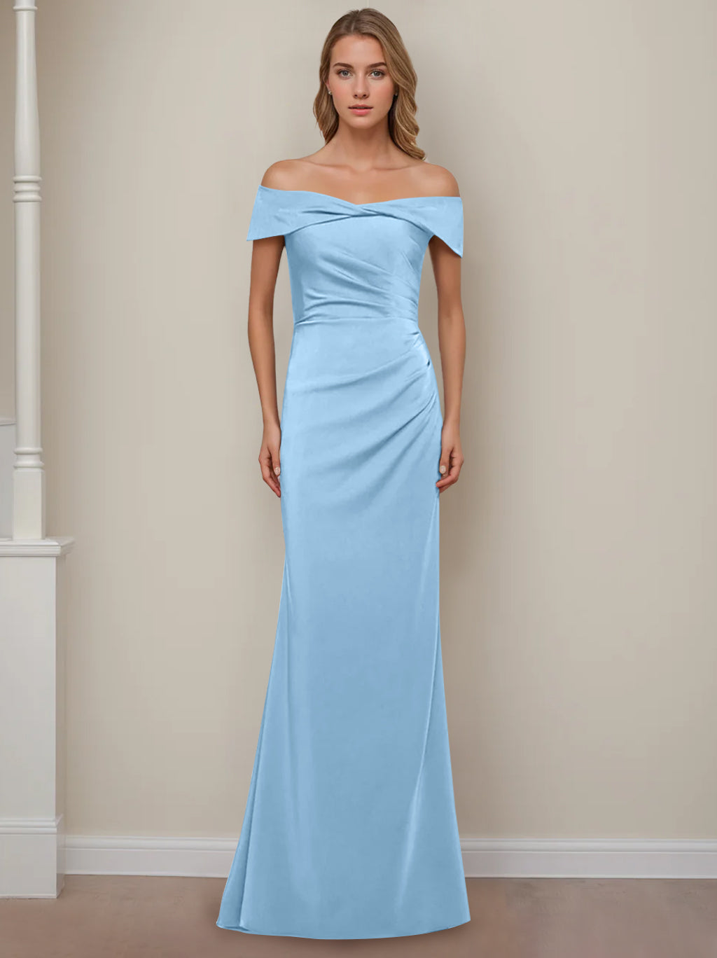 Off-the-Shoulder Short Sleeve Floor-Length Mother of the Bride Dress with Ruffles in Sheath/Column Style