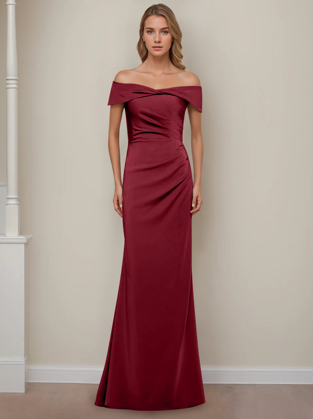 Off-the-Shoulder Short Sleeve Floor-Length Mother of the Bride Dress with Ruffles in Sheath/Column Style