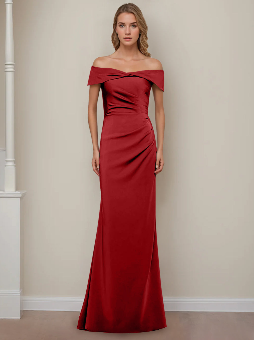 Off-the-Shoulder Short Sleeve Floor-Length Mother of the Bride Dress with Ruffles in Sheath/Column Style