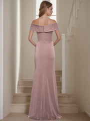Off-the-Shoulder Short Sleeve Floor-Length Mother of the Bride Dress with Ruffles in Sheath/Column Style