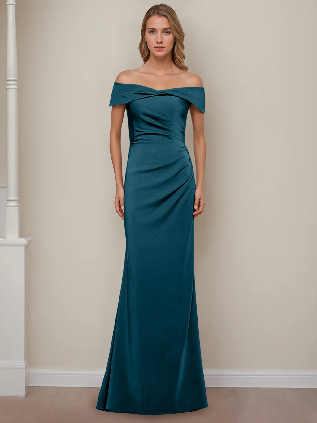 Off-the-Shoulder Short Sleeve Floor-Length Mother of the Bride Dress with Ruffles in Sheath/Column Style