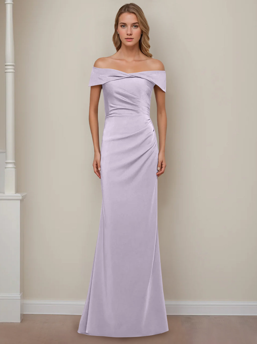 Off-the-Shoulder Short Sleeve Floor-Length Mother of the Bride Dress with Ruffles in Sheath/Column Style