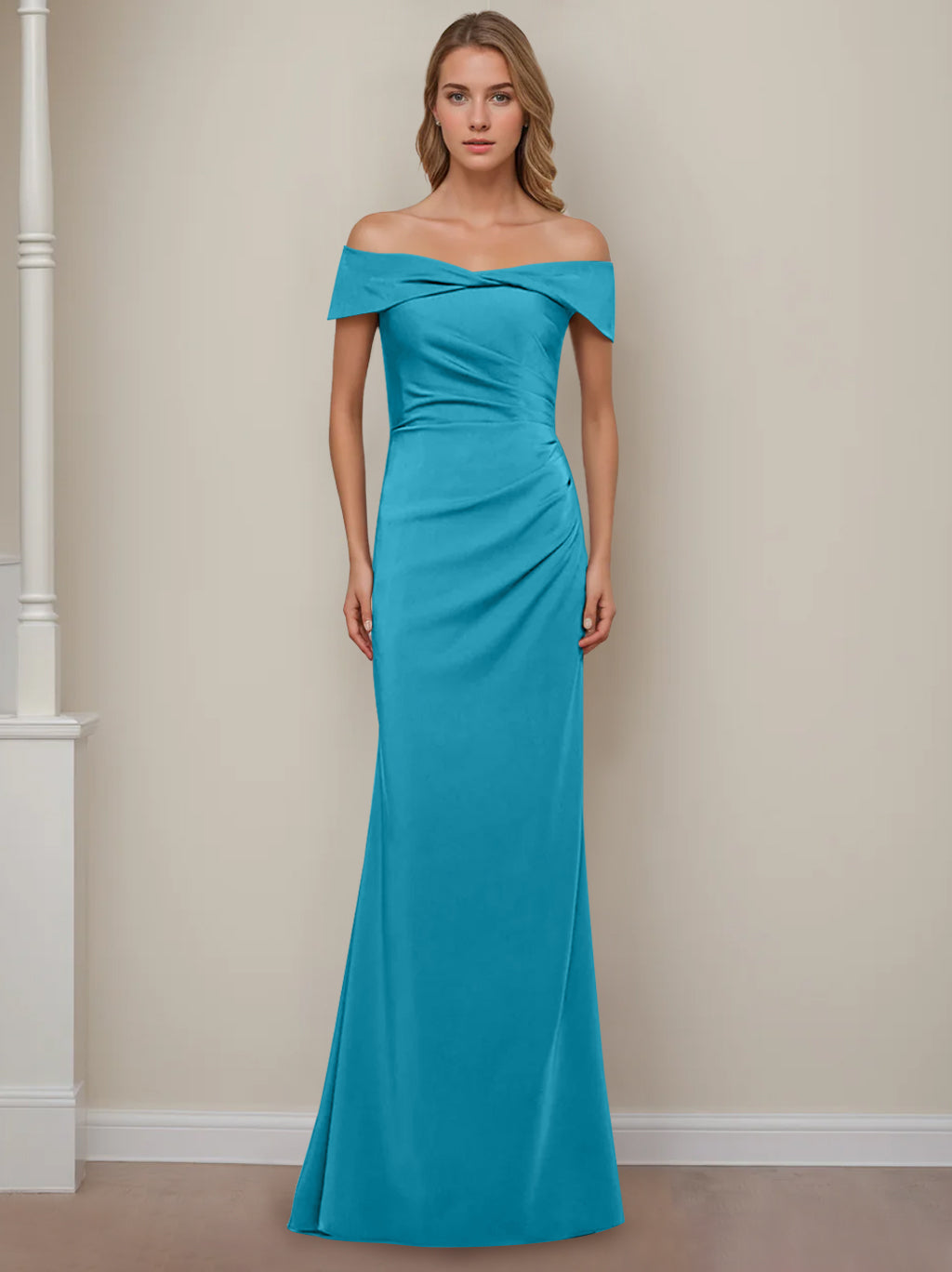 Off-the-Shoulder Short Sleeve Floor-Length Mother of the Bride Dress with Ruffles in Sheath/Column Style
