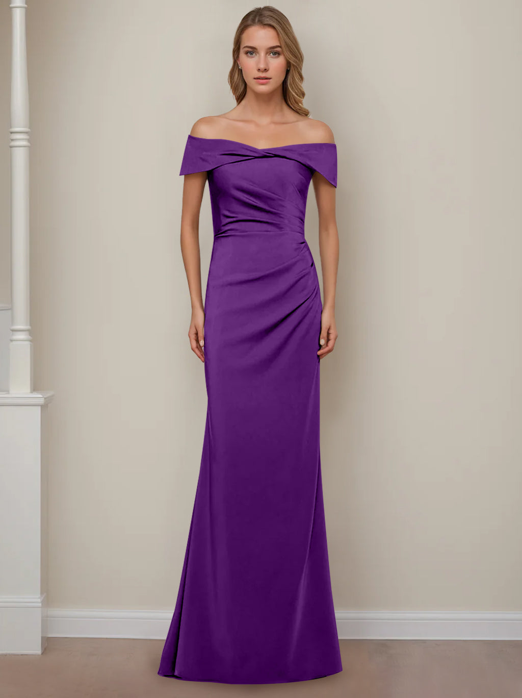 Off-the-Shoulder Short Sleeve Floor-Length Mother of the Bride Dress with Ruffles in Sheath/Column Style