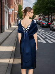 Off-the-Shoulder Short Sleeve Sheath/Column Tea-Length Mother of the Bride Dress with Appliques Embroidery Bowknot & Pearls