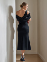 Off-the-Shoulder Short Sleeve Tea-Length Mother of the Bride Sheath Dress