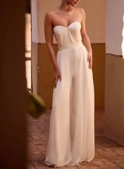 Off the Shoulder Sleeveless Floor Length Chiffon Elastic Satin Wedding Jumpsuit