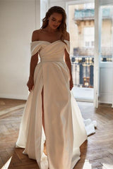 Off-the-Shoulder Sleeveless Satin Court Train Beach Wedding Dress