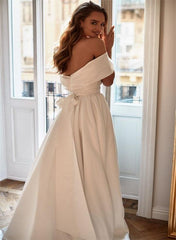 Off-the-Shoulder Sleeveless Satin Court Train Beach Wedding Dress