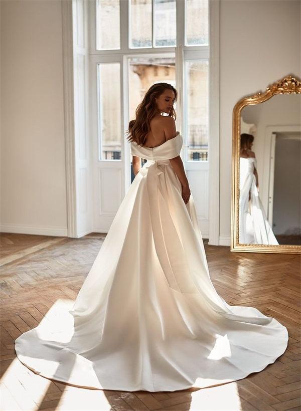 Off-the-Shoulder Sleeveless Satin Court Train Beach Wedding Dress