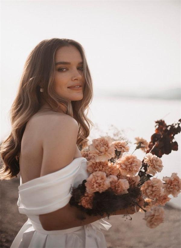 Off-the-Shoulder Sleeveless Satin Court Train Beach Wedding Dress