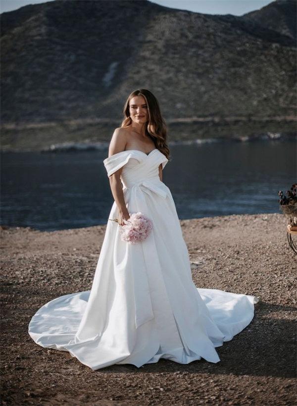 Off-the-Shoulder Sleeveless Satin Court Train Beach Wedding Dress
