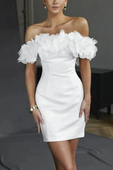 Off the Shoulder Sleeveless Short Mini Organza Satin Wedding Dress with Flower