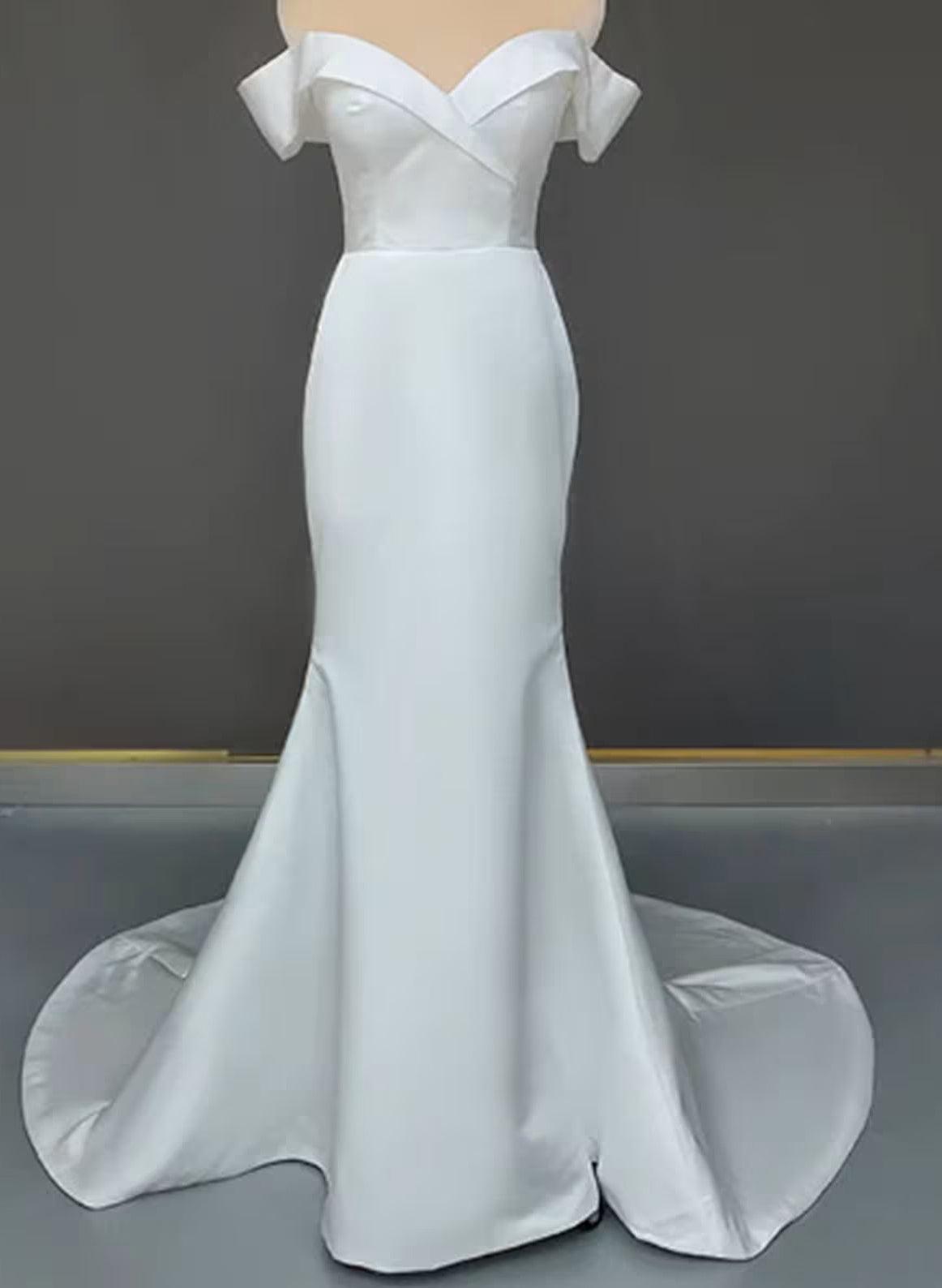Off-the-Shoulder Sleeveless Trumpet/Mermaid Satin Beach Wedding Dresses with Sweep Train