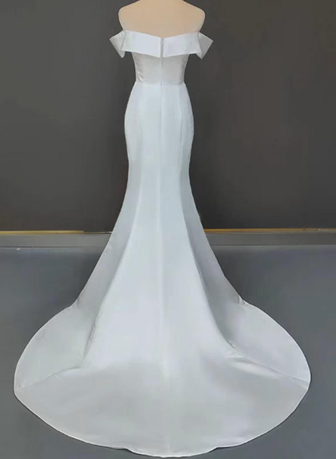Off-the-Shoulder Sleeveless Trumpet/Mermaid Satin Beach Wedding Dresses with Sweep Train