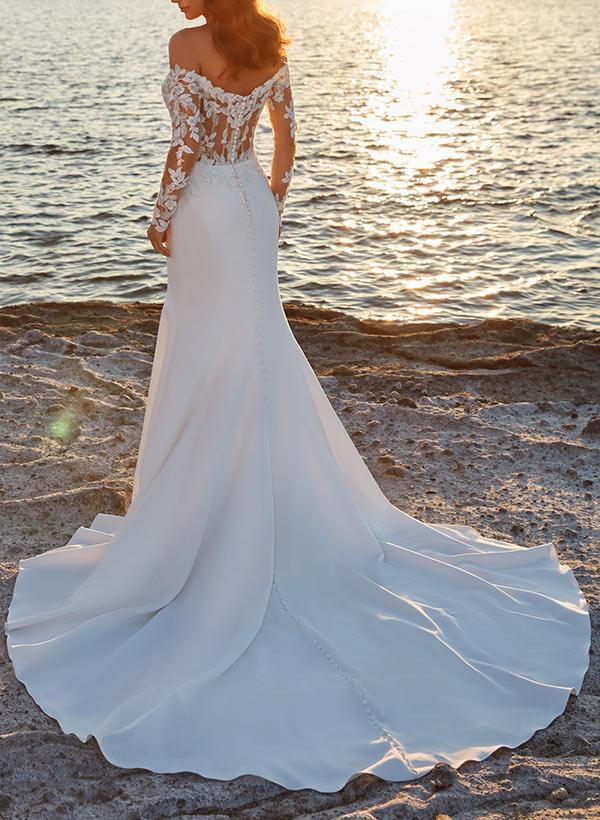 Off-the-Shoulder Sweep Train Beach Wedding Dress With Lace - Trumpet/Mermaid