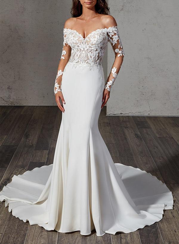 Off-the-Shoulder Sweep Train Beach Wedding Dress With Lace - Trumpet/Mermaid