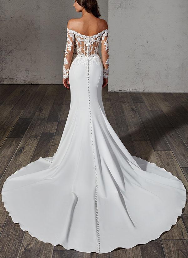 Off-the-Shoulder Sweep Train Beach Wedding Dress With Lace - Trumpet/Mermaid
