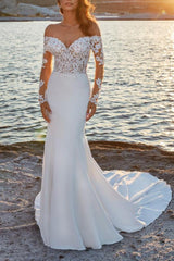 Off-the-Shoulder Sweep Train Beach Wedding Dress With Lace - Trumpet/Mermaid