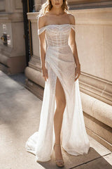 Off-the-Shoulder Sweep Train Sequined Beach Wedding Dress With Split Front