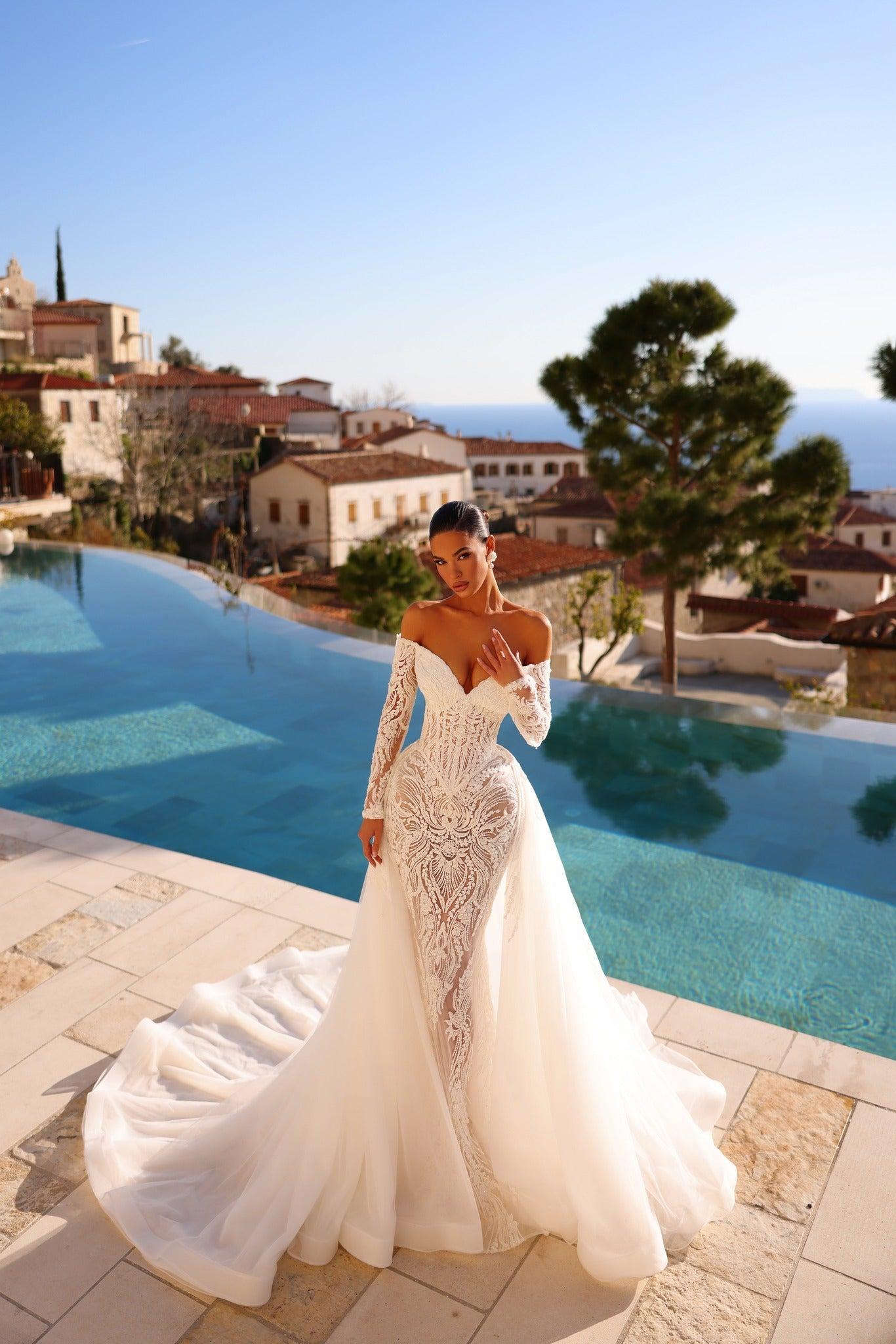 grecian mermaid wedding dress Grecian Style Caped Boat Neck Mermaid Wedding Gown