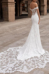 Off the shoulder Satin Lace Chapel Train Beach Wedding Dresses With Lace - Trumpet/Mermaid