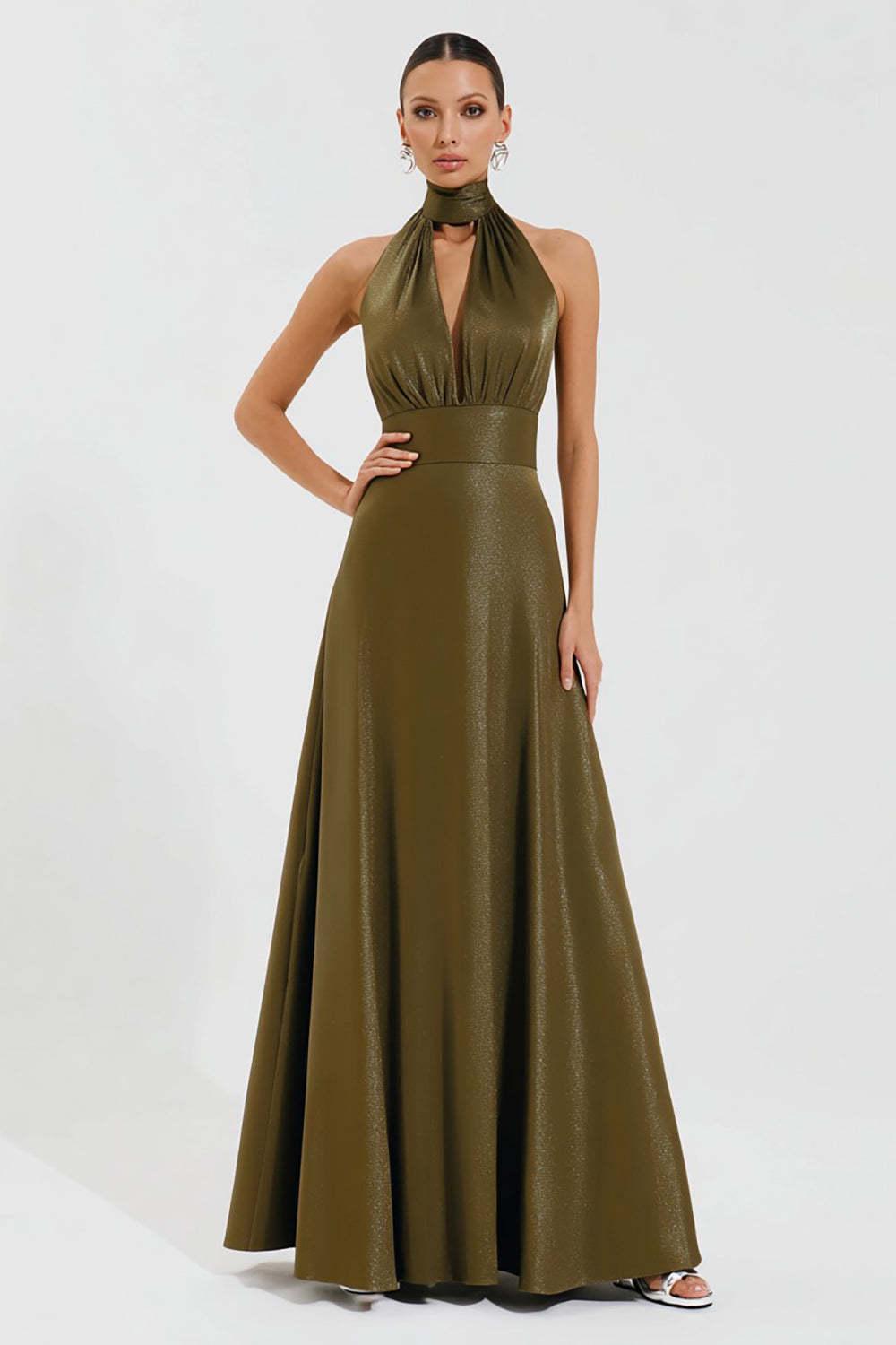 Olive A-Line High Neck Keyhole Long Prom Dress