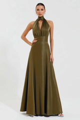 Olive A-Line High Neck Keyhole Long Prom Dress