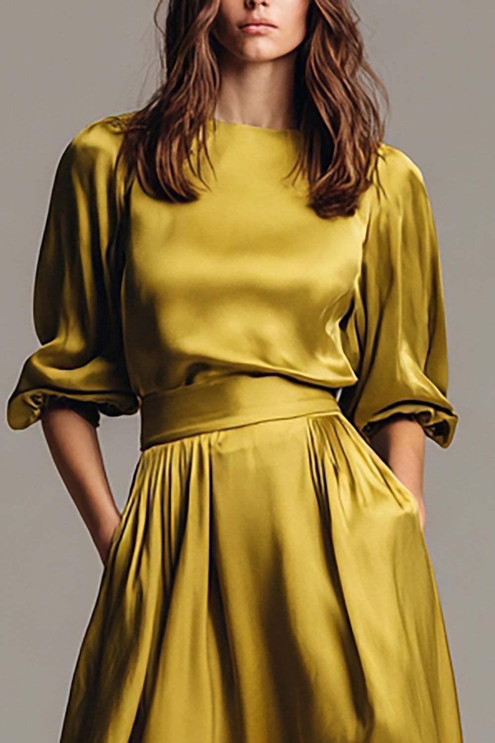 Olive Satin A-Line Long Evening Dress With Sleeves