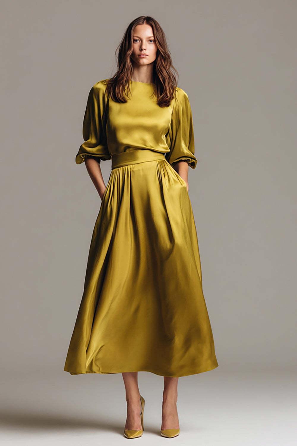 Olive Satin A-Line Long Evening Dress With Sleeves