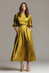 Olive Satin A-Line Long Evening Dress With Sleeves